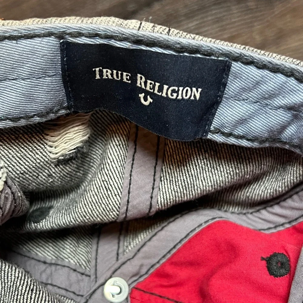 True Religion Distressed Denim Baseball Cap Ombre Black Grey Gold Horseshoe Logo
